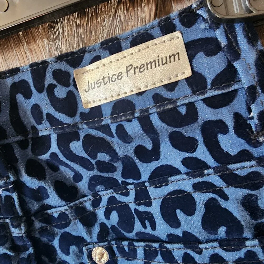 Justice Premium‎ Jeans Blue Leopard Print Textured Velvet Size 7S Simply Low EUC
